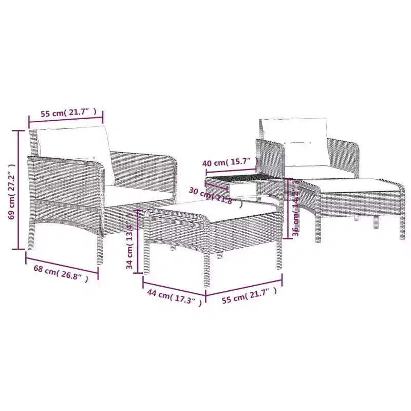 vidaXL Patio Furniture Set 5 Piece Outdoor Chair with Cushions Poly Rattan