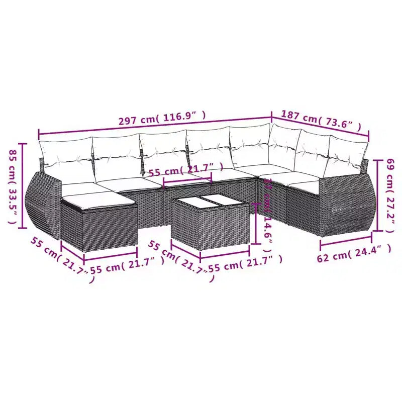 vidaXL 9 Piece Patio Sofa Set with Cushions Brown Poly Rattan