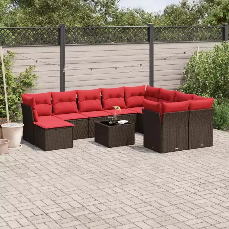 vidaXL 11 Piece Patio Sofa Set with Cushions Brown Poly Rattan - Brown and Red
