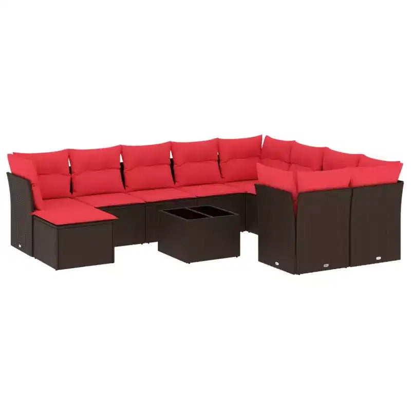vidaXL 11 Piece Patio Sofa Set with Cushions Brown Poly Rattan - Brown and Red