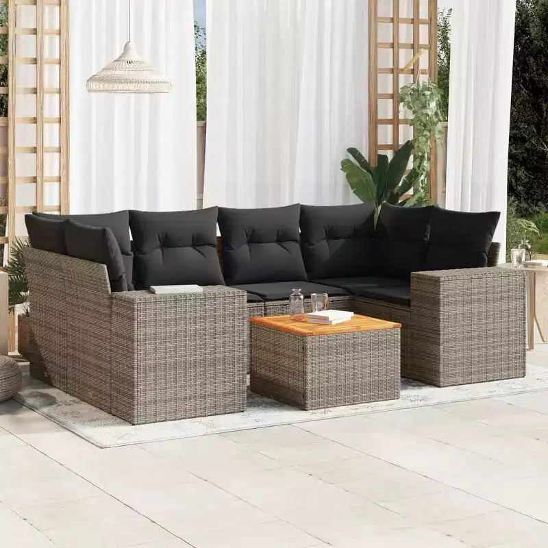 vidaXL Patio Sofa Set with Cushions Outdoor Furniture, 7-Piece Poly Rattan Sectional