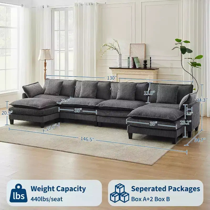 146.5 Modular Sectional Sofa with Ottoman & Pillows  Corduroy U/L-Shaped Cloud Couch for Living Room, Office, Bedroom & Apartment