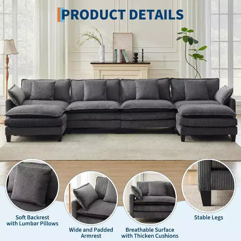 146.5 Modular Sectional Sofa with Ottoman & Pillows  Corduroy U/L-Shaped Cloud Couch for Living Room, Office, Bedroom & Apartment