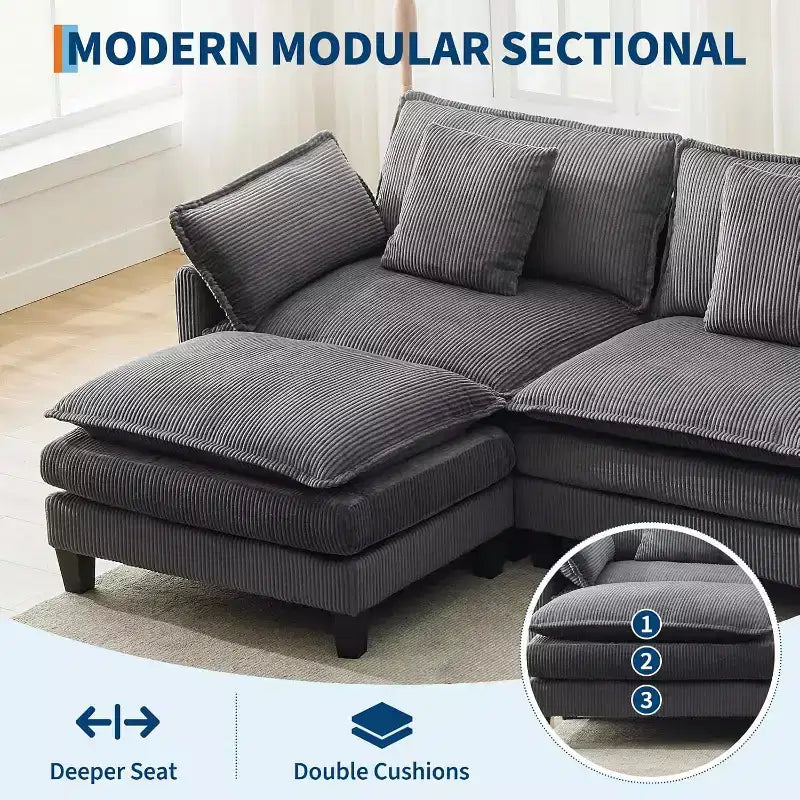 146.5 Modular Sectional Sofa with Ottoman & Pillows  Corduroy U/L-Shaped Cloud Couch for Living Room, Office, Bedroom & Apartment