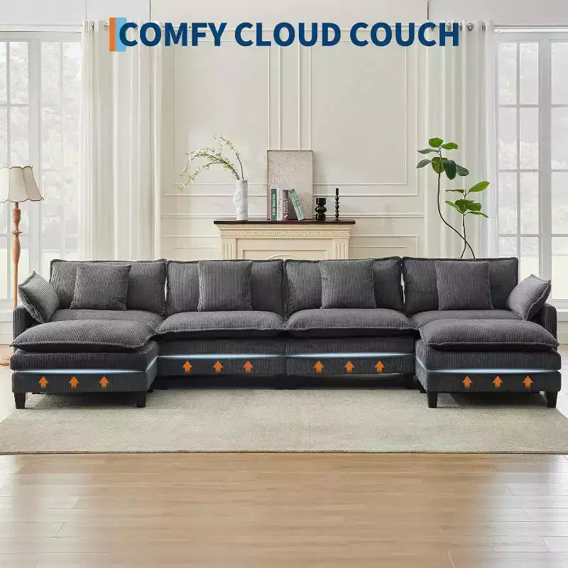 146.5 Modular Sectional Sofa with Ottoman & Pillows  Corduroy U/L-Shaped Cloud Couch for Living Room, Office, Bedroom & Apartment