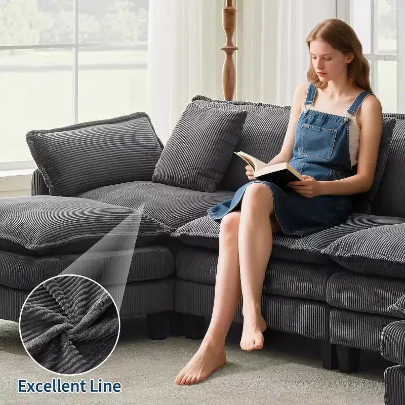 146.5 Modular Sectional Sofa with Ottoman & Pillows  Corduroy U/L-Shaped Cloud Couch for Living Room, Office, Bedroom & Apartment