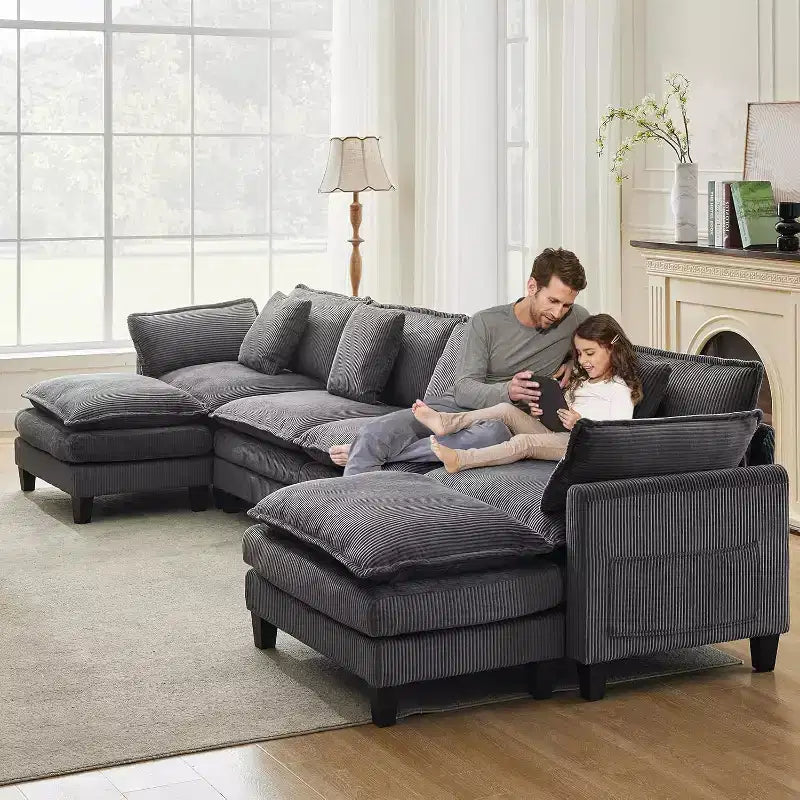 146.5 Modular Sectional Sofa with Ottoman & Pillows  Corduroy U/L-Shaped Cloud Couch for Living Room, Office, Bedroom & Apartment