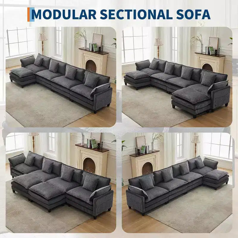 146.5 Modular Sectional Sofa with Ottoman & Pillows  Corduroy U/L-Shaped Cloud Couch for Living Room, Office, Bedroom & Apartment