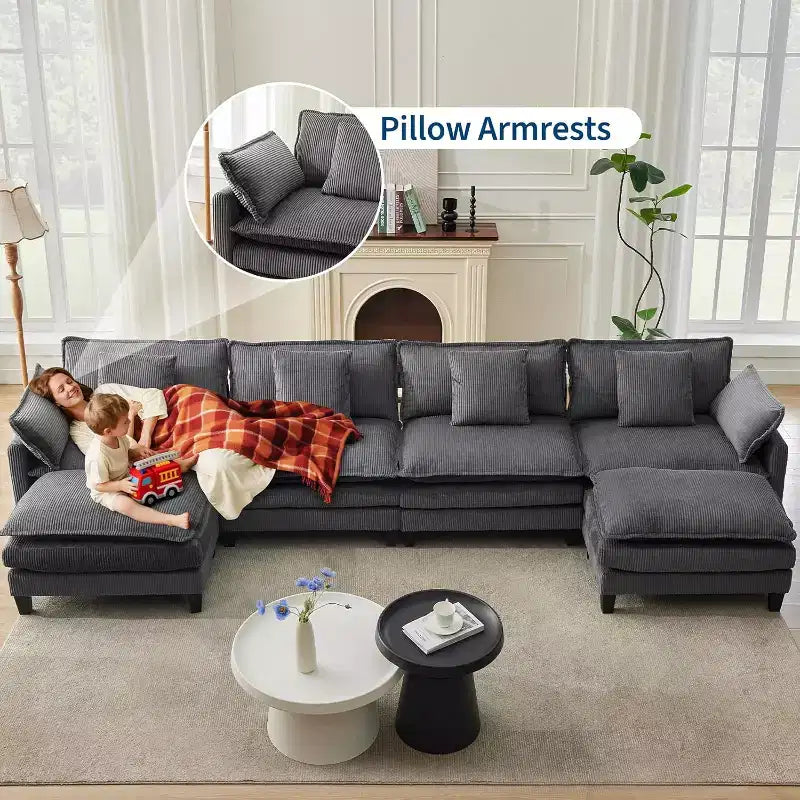 146.5 Modular Sectional Sofa with Ottoman & Pillows  Corduroy U/L-Shaped Cloud Couch for Living Room, Office, Bedroom & Apartment