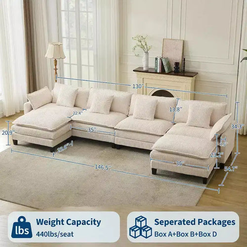 Canapé modulable 146,5 avec pouf et oreillers Canapé nuage en velours côtelé en forme de U/L pour salon, bureau, chambre et appartement
