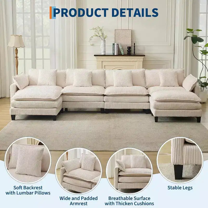 146.5 Modular Sectional Sofa with Ottoman & Pillows  Corduroy U/L-Shaped Cloud Couch for Living Room, Office, Bedroom & Apartment
