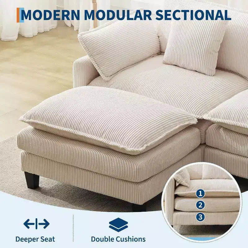 146.5 Modular Sectional Sofa with Ottoman & Pillows  Corduroy U/L-Shaped Cloud Couch for Living Room, Office, Bedroom & Apartment