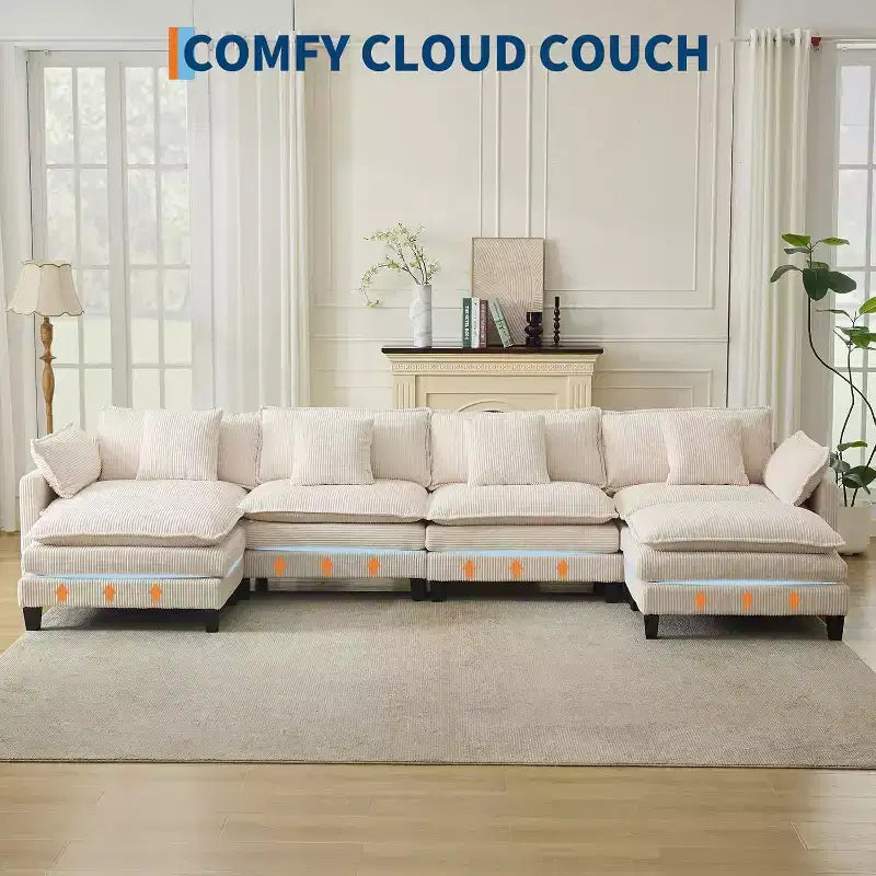146.5 Modular Sectional Sofa with Ottoman & Pillows  Corduroy U/L-Shaped Cloud Couch for Living Room, Office, Bedroom & Apartment