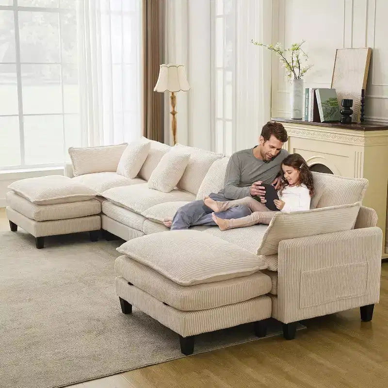 146.5 Modular Sectional Sofa with Ottoman & Pillows  Corduroy U/L-Shaped Cloud Couch for Living Room, Office, Bedroom & Apartment