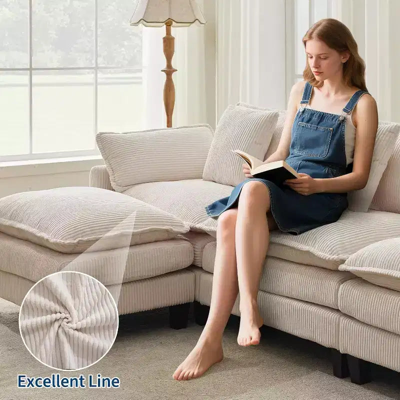 146.5 Modular Sectional Sofa with Ottoman & Pillows  Corduroy U/L-Shaped Cloud Couch for Living Room, Office, Bedroom & Apartment