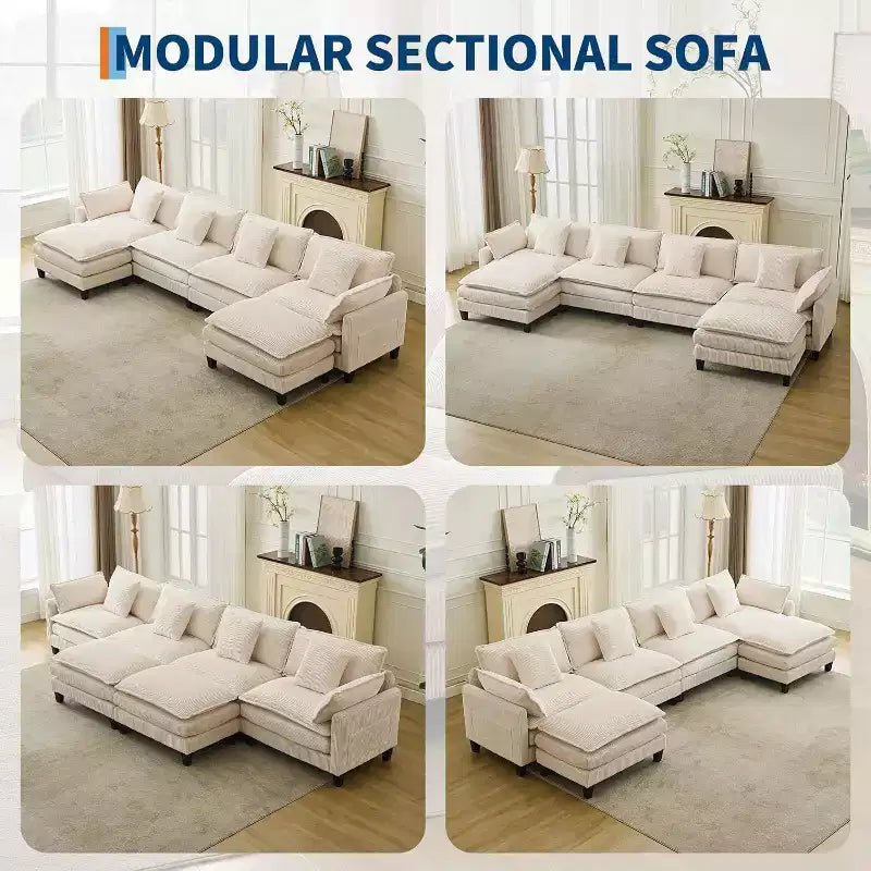 146.5 Modular Sectional Sofa with Ottoman & Pillows  Corduroy U/L-Shaped Cloud Couch for Living Room, Office, Bedroom & Apartment