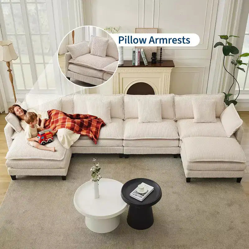 146.5 Modular Sectional Sofa with Ottoman & Pillows  Corduroy U/L-Shaped Cloud Couch for Living Room, Office, Bedroom & Apartment
