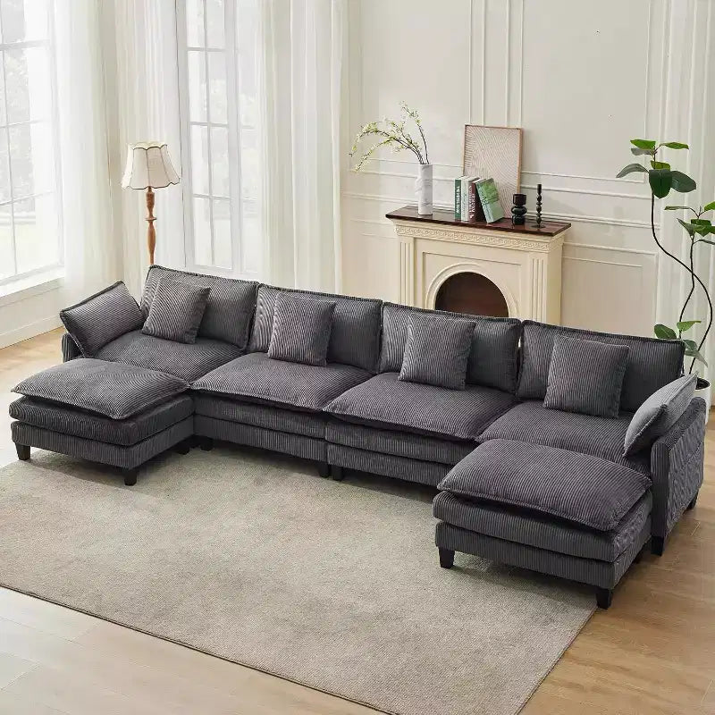 Sofá Modular de 146.5 pulgadas con Otomana y Almohadas, Sofá de Nubes en Forma de U/L de Pana para Sala de Estar, Oficina, Dormitorio y Apartamento