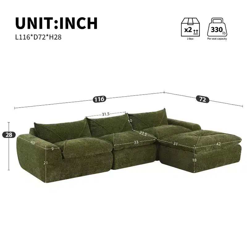 GDFStudio Milo Modern 116 Chenille Fully Compressed Modular Sofa with High-Density Foam and Ottoman