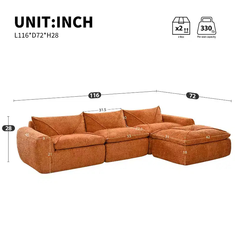 GDFStudio Milo Modern 116 Chenille Fully Compressed Modular Sofa with High-Density Foam and Ottoman