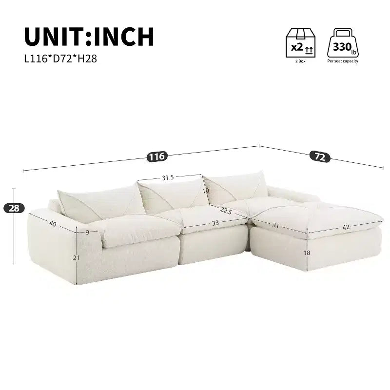 GDFStudio Milo Modern 116 Chenille Fully Compressed Modular Sofa with High-Density Foam and Ottoman