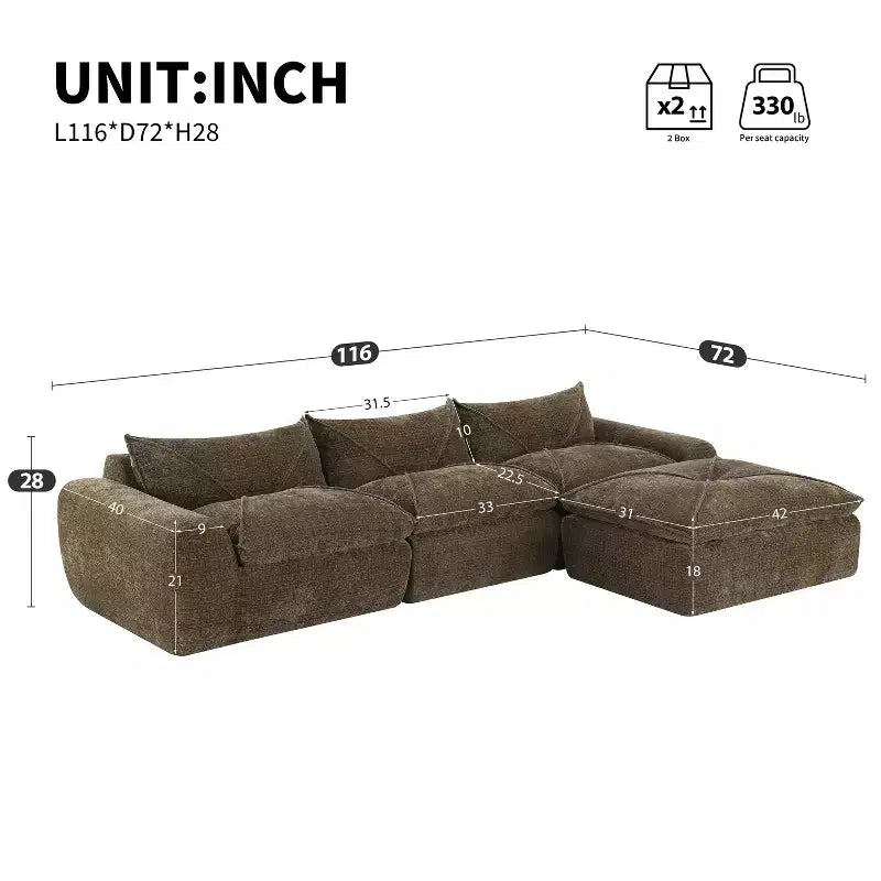 GDFStudio Milo Modern 116 Chenille Fully Compressed Modular Sofa with High-Density Foam and Ottoman