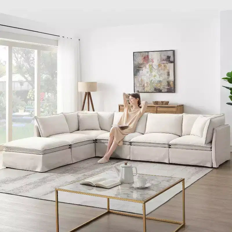 GDFStudio Nelson Modern 125.5 Chenille Oversized L-Shaped Modular Sectional Sofa with Movable Ottoman