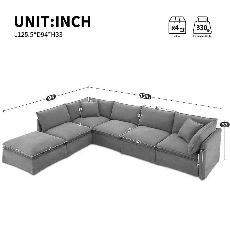 GDFStudio Nelson Modern 125.5 Chenille Oversized L-Shaped Modular Sectional Sofa with Movable Ottoman