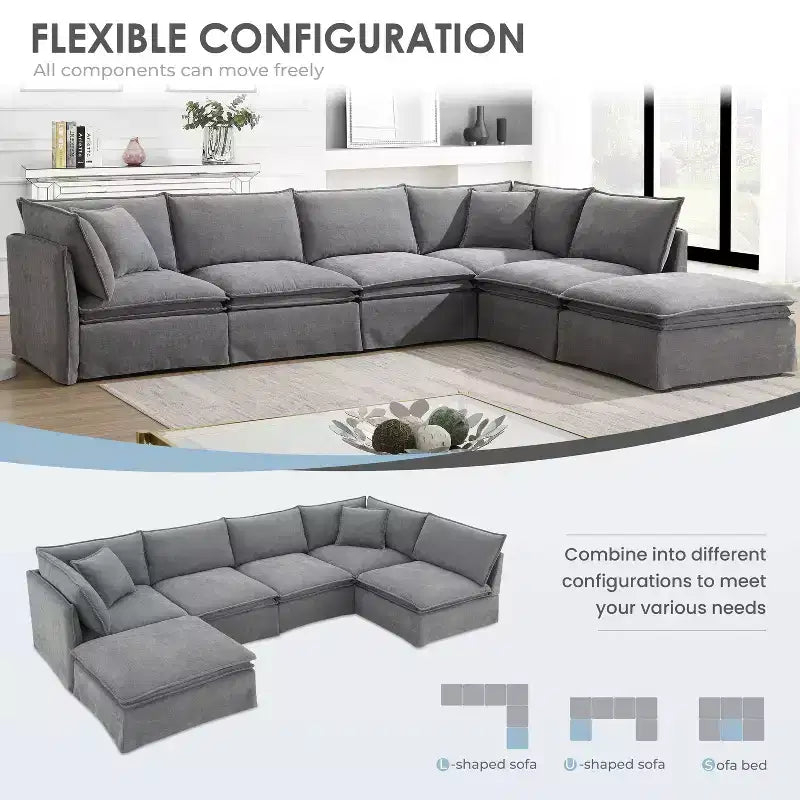 GDFStudio Nelson Modern 125.5 Chenille Oversized L-Shaped Modular Sectional Sofa with Movable Ottoman