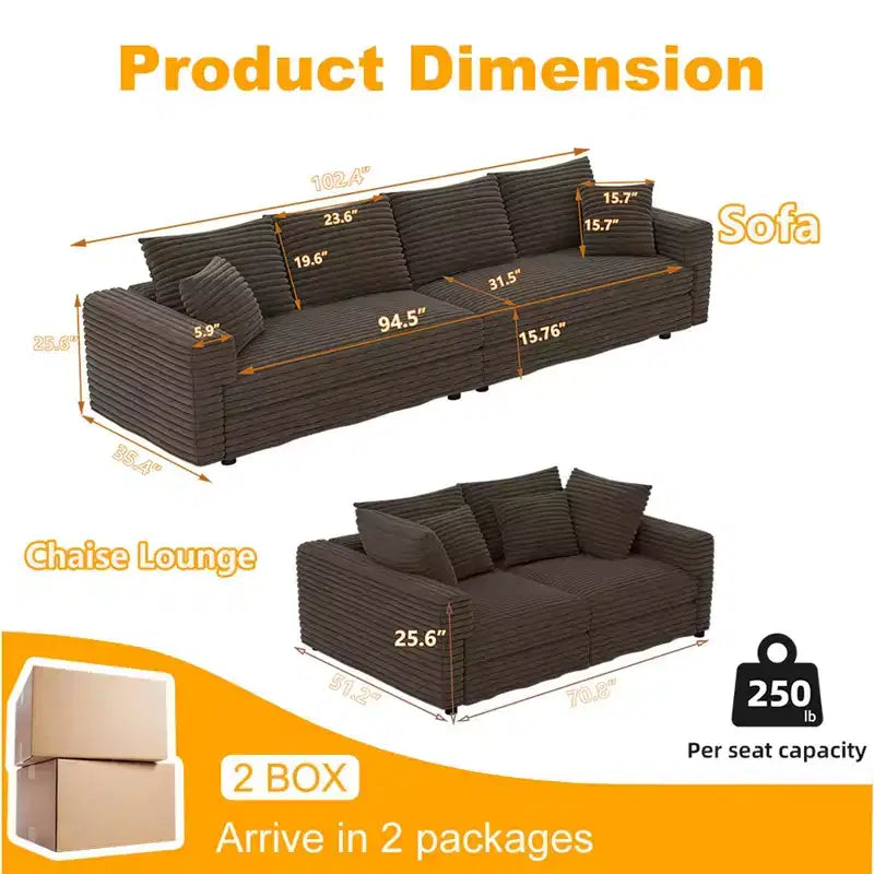 MAYEERTY 102.4 Plush Corduroy 4 Seat Sofa with Soft Pillows, Convertible Deep Seat Sofa Lunge Chair for Living Room Beige