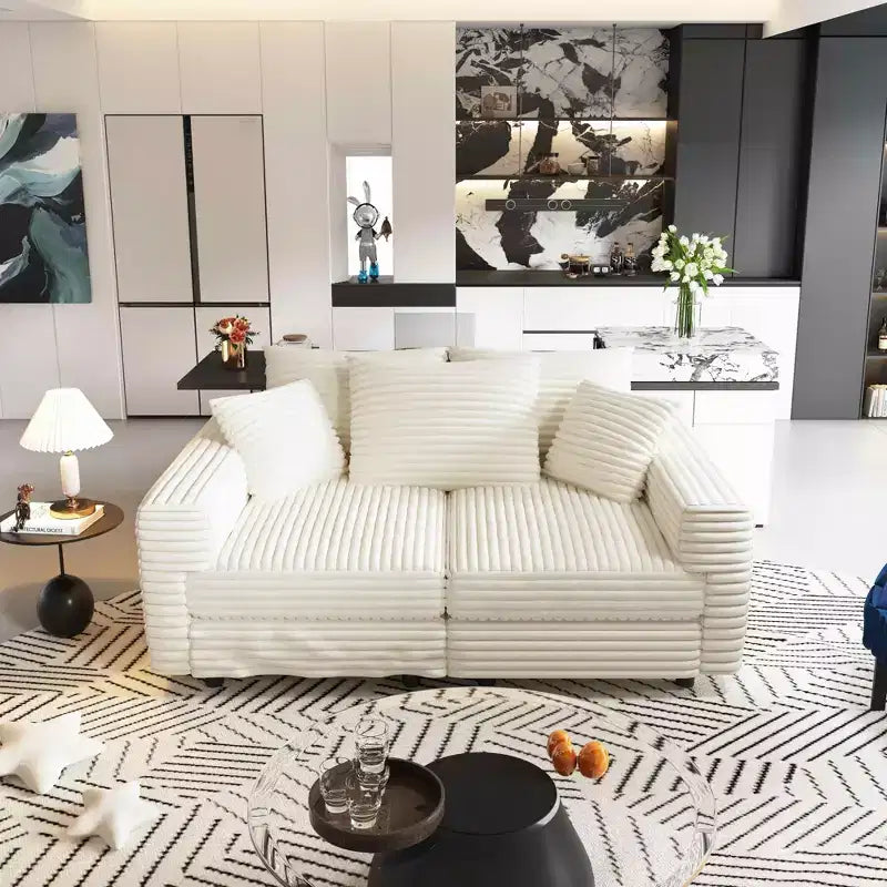 MAYEERTY 82.7 Plush Corduroy 3 Seat Sofa with Soft Pillows, Convertible Deep Seat Sofa Lunge Chair for Living Room Beige