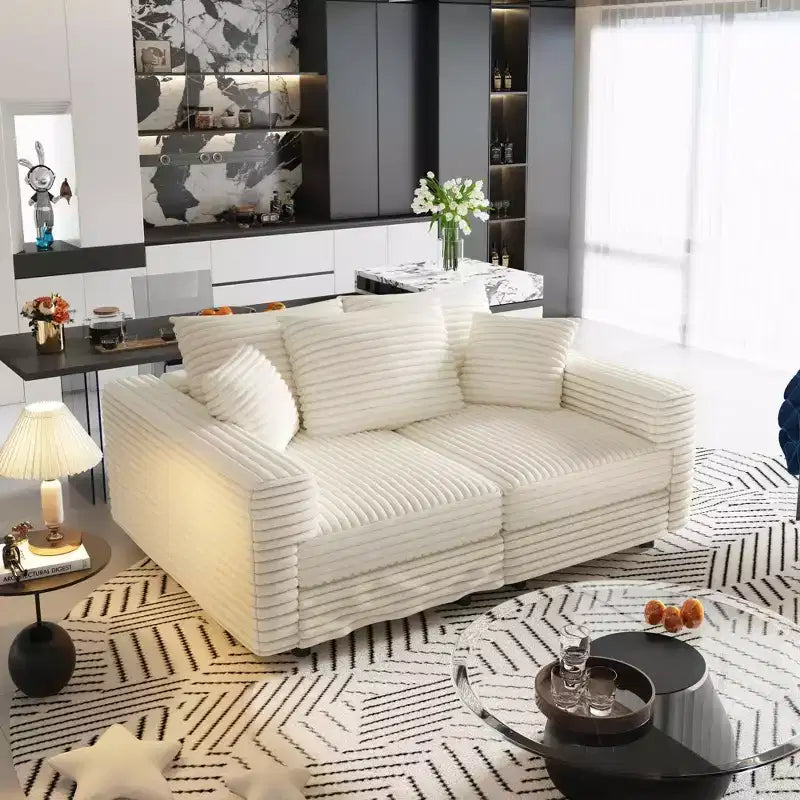 MAYEERTY 82.7 Plush Corduroy 3 Seat Sofa with Soft Pillows, Convertible Deep Seat Sofa Lunge Chair for Living Room Beige