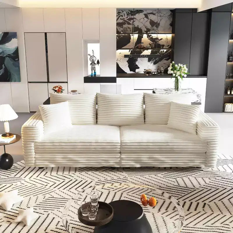 MAYEERTY 82.7 Plush Corduroy 3 Seat Sofa with Soft Pillows, Convertible Deep Seat Sofa Lunge Chair for Living Room Beige