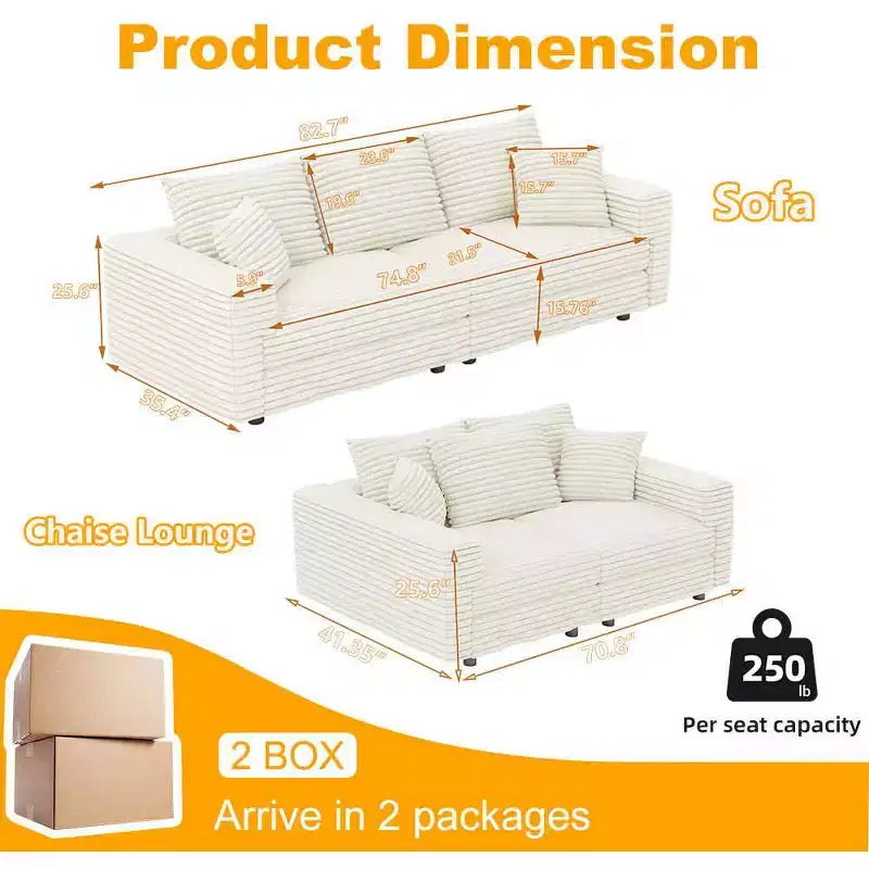 MAYEERTY 82.7 Plush Corduroy 3 Seat Sofa with Soft Pillows, Convertible Deep Seat Sofa Lunge Chair for Living Room Beige