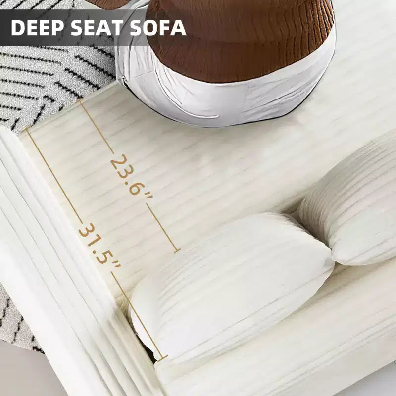 MAYEERTY 82.7 Plush Corduroy 3 Seat Sofa with Soft Pillows, Convertible Deep Seat Sofa Lunge Chair for Living Room Beige