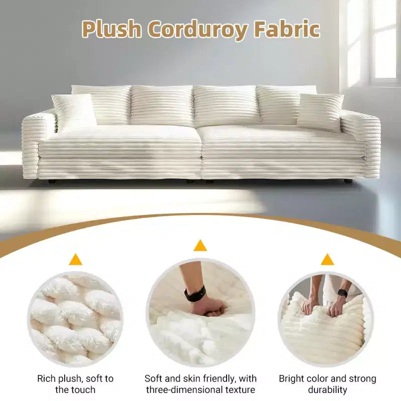 MAYEERTY 82.7 Plush Corduroy 3 Seat Sofa with Soft Pillows, Convertible Deep Seat Sofa Lunge Chair for Living Room Beige