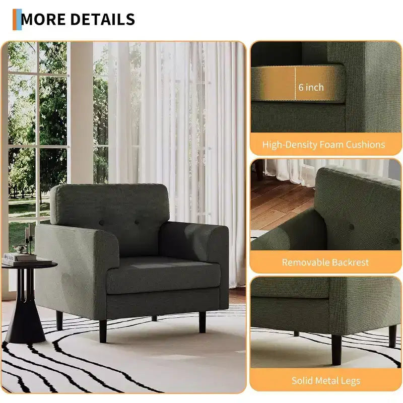 38 Wide Armrest Accent Chair, Linen Upholstered Reading & Lounge Chair for Living Room, Bedroom, Office, Reading Nook, Comfortable Single Sofa Chair