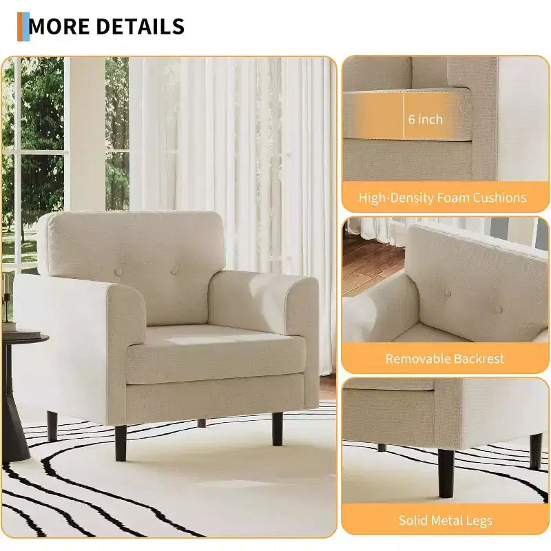 38 Wide Armrest Accent Chair, Linen Upholstered Reading & Lounge Chair for Living Room, Bedroom, Office, Reading Nook, Comfortable Single Sofa Chair