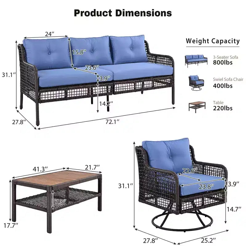 Ensemble de patio extérieur en osier 4 pièces avec chaises pivotantes, canapé sectionnel en rotin pour 5 personnes, ensemble de conversation pour terrasse de piscine, bleu