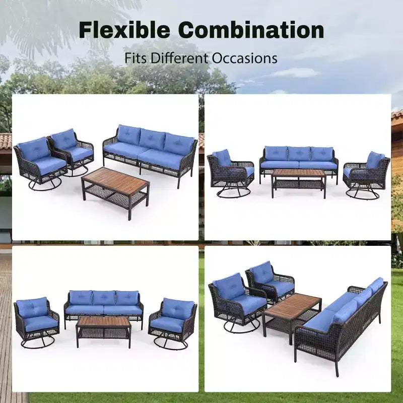 Ensemble de patio extérieur en osier 4 pièces avec chaises pivotantes, canapé sectionnel en rotin pour 5 personnes, ensemble de conversation pour terrasse de piscine, bleu