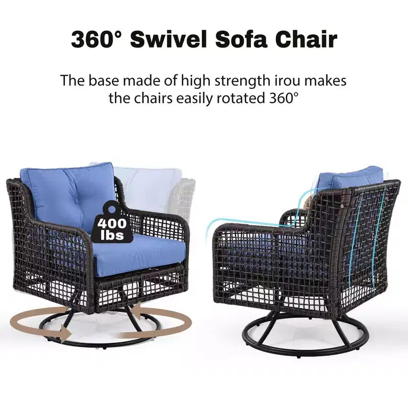 Ensemble de patio extérieur en osier 4 pièces avec chaises pivotantes, canapé sectionnel en rotin pour 5 personnes, ensemble de conversation pour terrasse de piscine, bleu
