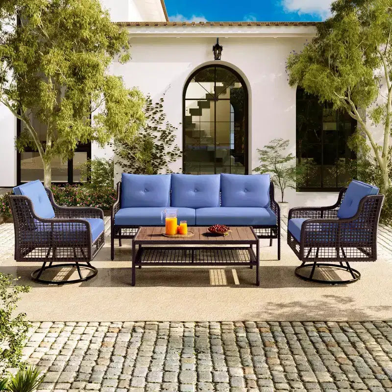 Ensemble de patio extérieur en osier 4 pièces avec chaises pivotantes, canapé sectionnel en rotin pour 5 personnes, ensemble de conversation pour terrasse de piscine, bleu
