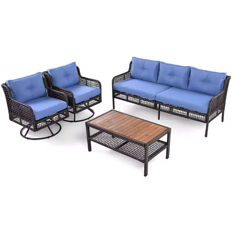 Ensemble de patio extérieur en osier 4 pièces avec chaises pivotantes, canapé sectionnel en rotin pour 5 personnes, ensemble de conversation pour terrasse de piscine, bleu