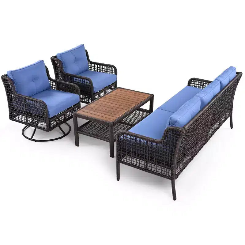 Ensemble de patio extérieur en osier 4 pièces avec chaises pivotantes, canapé sectionnel en rotin pour 5 personnes, ensemble de conversation pour terrasse de piscine, bleu