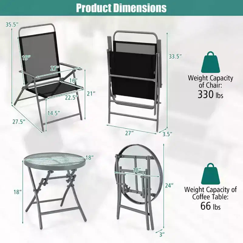 Ensemble de 3 chaises pliantes de patio en métal pour l'extérieur