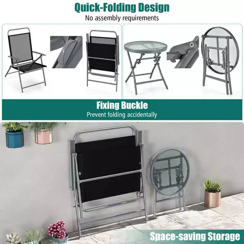 Ensemble de 3 chaises pliantes de patio en métal pour l'extérieur