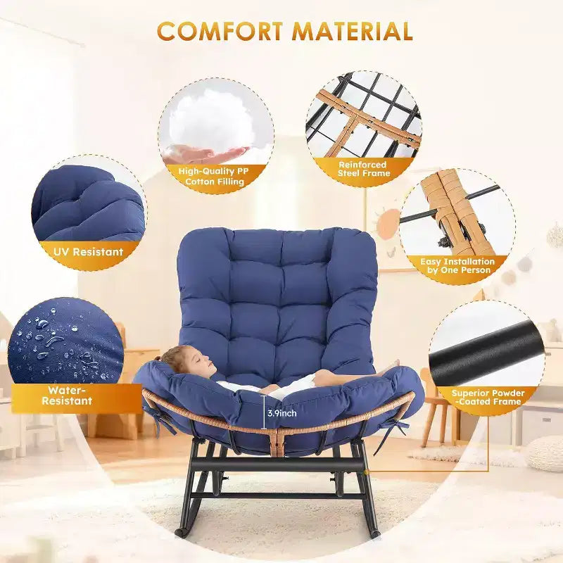 COZONY Juego de mecedora Papasan de 2 piezas, extragrande con reposapiés, cojín grueso extraíble, estructura de metal, ratán PE para patio, porche, jardín, sala de estar