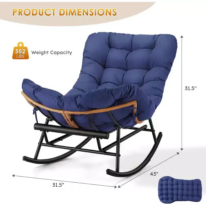 COZONY Juego de mecedora Papasan de 2 piezas, extragrande con reposapiés, cojín grueso extraíble, estructura de metal, ratán PE para patio, porche, jardín, sala de estar