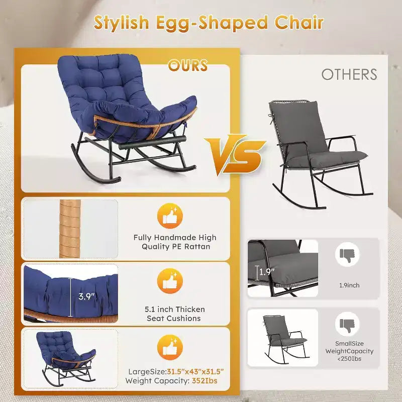 COZONY Juego de mecedora Papasan de 2 piezas, extragrande con reposapiés, cojín grueso extraíble, estructura de metal, ratán PE para patio, porche, jardín, sala de estar