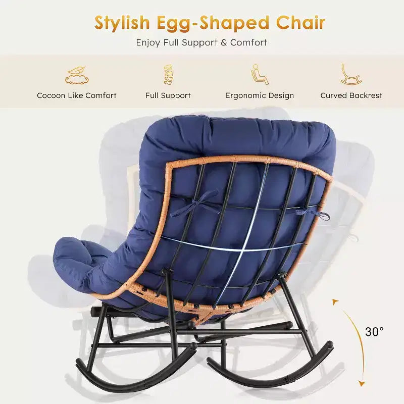 COZONY Juego de mecedora Papasan de 2 piezas, extragrande con reposapiés, cojín grueso extraíble, estructura de metal, ratán PE para patio, porche, jardín, sala de estar